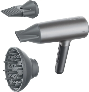 Braun 2200W Hair Dryer featuring digital control of temperature and airflow speed, equipped with three attachments: a concentrator nozzle, a curling diffuser, and a straightening comb.