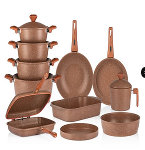 Granite Gigilli Cookware Set – 17 Pieces – 4 Pots (28-24-22-20 cm) + Roaster 35 cm + Frying Pan 26 cm + Oven Tray 28 cm + Wok 28 cm + Pizza Tray 28 cm + Double Grill 36 cm + Milk Pot 16 cm – Brown
