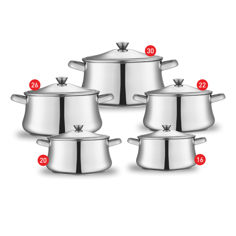 Zahran Classic stainless steel 10‑piece pot set with stainless lids (16‑20‑22‑26‑30)

