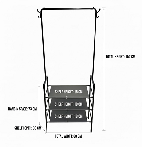 Multi-functional metal clothes rack designed as practical space-saving storage solution 
