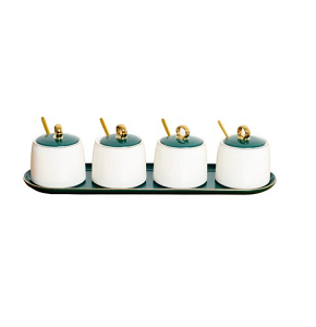 Spice set of 4 pieces on a tray, olive and creamy color with gold frame, simple style, code C-43-G4
