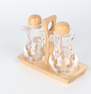oil and vinegar glass bottle set 2-piece  with handles and a wooden holder K1432