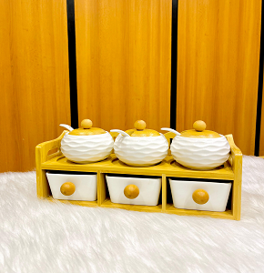 "Harmony" kitchen spice set with two wooden tiers including three white porcelain containers with wooden lids and spoons and three porcelain drawers with wooden handles elegant and practical design fo