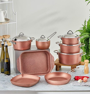 Touch Granite Pot Set 13 Pieces, consisting of 4 Pots (20-22-24-28), a 28 cm Frying Pan, a 16 cm Casserole with Lid, a 28 cm Grill, and a 35 cm Gold Tagine
