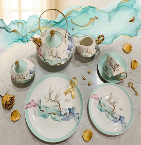 HOME Life 24-Piece Tea & Gateau Set Gold Green B2-8 1006563