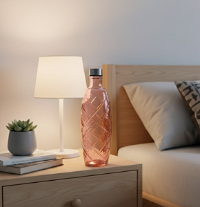 Glass water bottle, burgundy, embossed pattern, silver lid - abdo-210-44 C