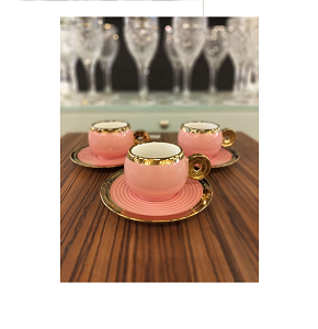 Coffee cup set of 6 pieces with saucers, creamy gold color with swirl pattern, code A138 - 2
