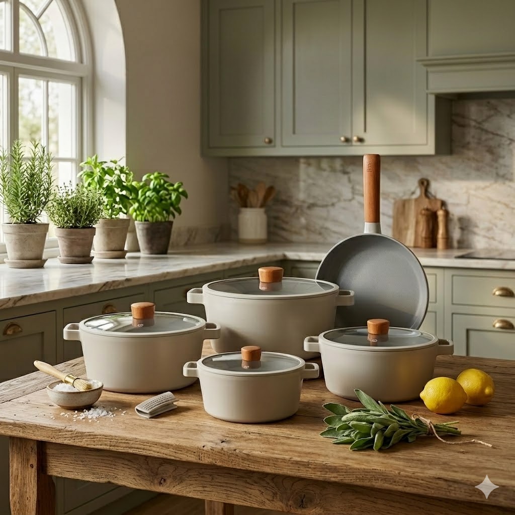 Neoflam Granite Pot Set, Gray, 11-Piece Fika, Pots (16-22-24-26 cm) + Fry Pan 24 + 2 Silicone Holders