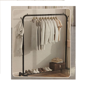 Matte black metal clothes rack with modern open design with lower shelf for shoe and box storage equipped with side hooks for hanging accessories ideal for elegant and efficient organization
