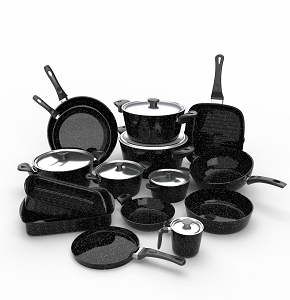 Granite Cookware Set Top Chef 21 Pieces Black Composition (Pots 18-20-24-26-30 / Frying Pans 24-30 / Wok 28 / Grill Pan 28 / Milk Pan 16 / Deep Frying Pan 30 / Crepe Pan 28 / Egg Plate 22 / Casserole 