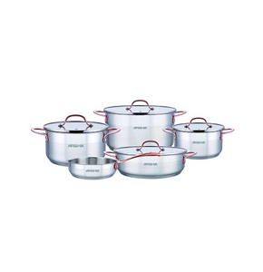 ARSHIA Stainless Steel Cookware Set – German Made – 9 Pieces – 18/10 Steel with Rose Gold Handles – Model 3175 – Includes pots (20, 24, 28 cm) + sauté pan + 3 lids.

