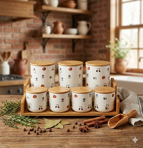 Set of 7-piece creamy porcelain spice jars with natural light wooden lids with conical handles including 3 tall and 4 short jars placed inside a matching wooden tray ideal for kitchen organization