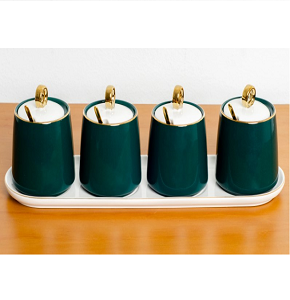 Spice set of 4 pieces on a tray, olive and creamy color with gold frame, simple style, code C-43-W4
