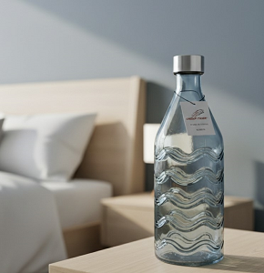 Glass Water Bottle Round Wave-Pattern Blue with Silver Lid - abdo-109-12 E