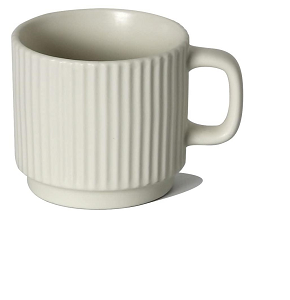 Set of elegant white porcelain mugs with smooth line design 
