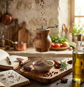 Hand-cranked pepper mill in cylindrical acacia wood shape, Model 24.11
