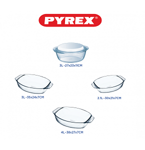 Pyrex Heat-Resistant Glass Set – 5 Pieces – Oval with Handle (30 + 35 + 39 cm) + Casserole with Lid 3L
