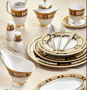 Egyptian dinner set, 112 pieces, with a soft pattern in gold and black, featuring an antique design
