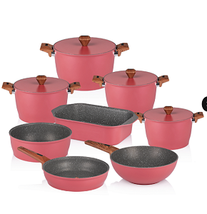 Granite Gigilli Cookware Set – 12 Pieces – 4 Pots (28-24-22-20 cm) + Wok 28 cm + Frying Pan 28 cm + Roaster 35 cm – Red

