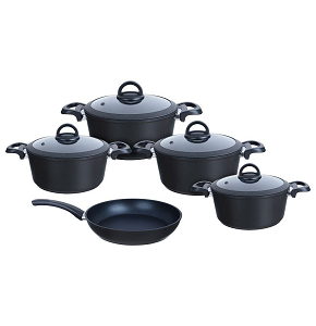 Aboud Granite 9-Piece Cooking Set Bayo (Pots 18/20/24/28 + Frying Pan 28) Black
