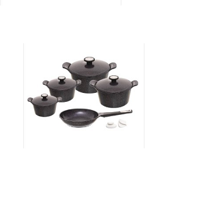 Neoflam Granite Pot Set, Brown, 11-Piece Grooved, Pots (20-22-24-28cm) + Fry Pan 24 + 2 Holders
