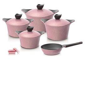 Neoflam Granite Pot Set, Pink, 11-Piece Round, Pots (18-20-24-28 cm) + Fry Pan 28+ 2 Silicone Holders
