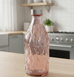 Glass Water Bottle, Burgundy Embossed Pattern Round Shape, Silver Lid - abdo-201-219