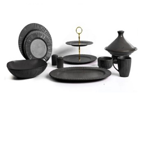Dinner Set 39 Pieces with Two-Tier Cake Holder Black Color Model Majestic Elegance Chrome Black
