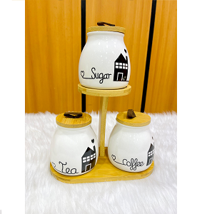 Canister Set 3 pcs, Porcelain with Wooden Lids and Multi-Level Wooden Display Base

