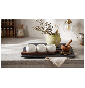  Serving Set 3-Piece of white porcelain bowls with a sleek square design, presented on a natural wooden base with an innovative elongated shape.