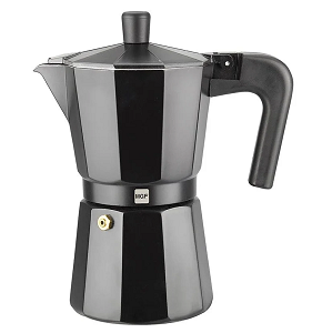 Spanish 3‑cup aluminum espresso coffee pot, black, steam‑powered, made in Spain