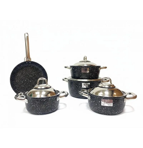 Saflon granite cookware set, 9 pieces, round, black, stainless steel handles.