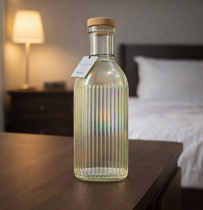 Glass Water Bottle Round Ribbed Yellow with Cork Lid - abdo-210-28G