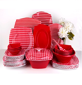 Melamine set 38 pcs square mix red checkered
