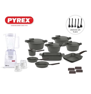 Granite Pyrex Cookware Set – 23 Pieces (Pots: 20, 24, 26, 30 cm) Grey Artisan Pyrex – Includes Free Mienta Blender

