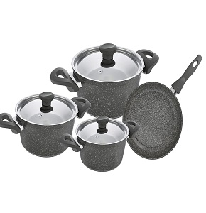 Granite cookware set Top Chef 7 pieces round formation (18+20+24) + 24 cm black frying pan


