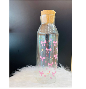 Water Bottle With Bow And Floral Design, Cork Lid MG1605-23