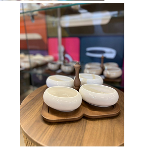 Ceramic oval bowl set, 4 pieces, white color, with wooden stand
