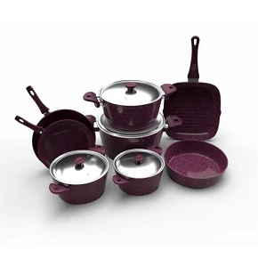 Top Chef 12-piece round granite cookware set, Burgundy (pots 18 / 20 / 24 / 28 cm – pan 26 – shallow pan 22 – roaster 30 – grill 28)
