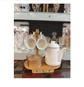 Porcelain tea set consisting of teapot plus 6 white ceramic cups with 6 wooden coasters and versatile wooden holder 
