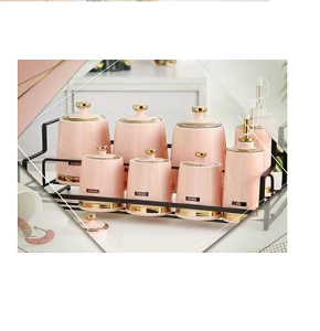 Porcelain Spice Set 10 Pieces, 4 Medium Jars, 3 Large Jars, 2 Oil & Vinegar Bottles with Two-Tier Holder Pink and Gold Color, Code jjD-679-1

