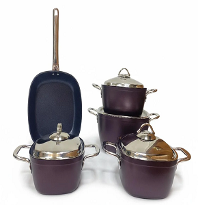 Saflon Tefal cookware set, 9 pieces, square, red, stainless steel handles.