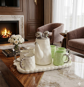 Luxury porcelain tea set with metallic touches, consisting of one teapot, four cups, and one tray

