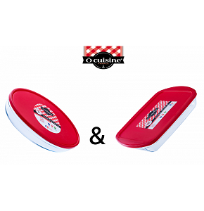 Ocuisine Set – 2 Pieces – Rectangular Dish 40 cm + Oval Dish 35 cm with Red Lid – With Box
