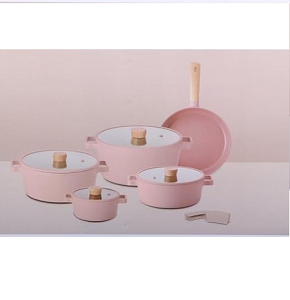 Neoflam Granite Pot Set, Pink, 11-Piece Fika, Pots (16-22-24-26 cm) + Fry Pan 24 + 2 Silicone Holders
