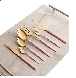 Elza Pink & Gold Titanium Turkish Cutlery Set, 89 pcs
