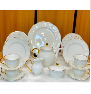 Tea and cake set, 24 pieces, Thai made, Elegant brand, pure white simple with golden touches on handles and lids.

