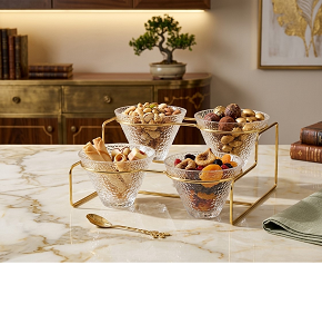 Jelly and Ice Cream Set, 4 Pieces with Holder and Spoon – Dimensions: Length 24 cm × Width 14 cm × Height 11 cm, Bowl Diameter 11 cm each