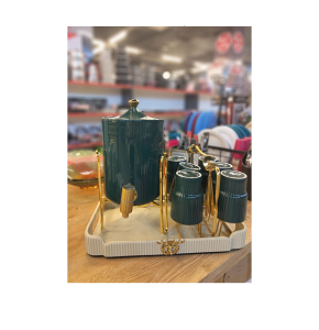 Luxury drink dispenser set with gold-plated faucet, 6 cups with gold holders, pitcher with base, serving tray, and gold spoons, olive × gold color with sultanic pattern, code C-04-G9
