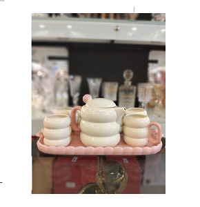 Complete luxury porcelain tea set, modern and elegant, consisting of one teapot, six cups, and one serving tray with creative handles
